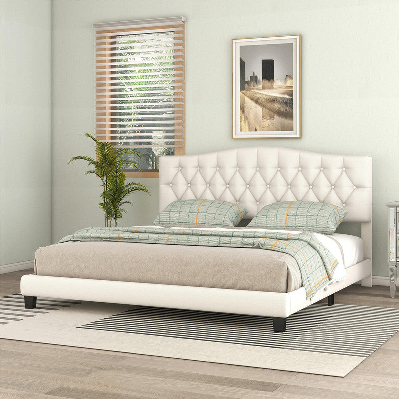 King Upholstered Curved Tufted Linen Platform Bed Frame