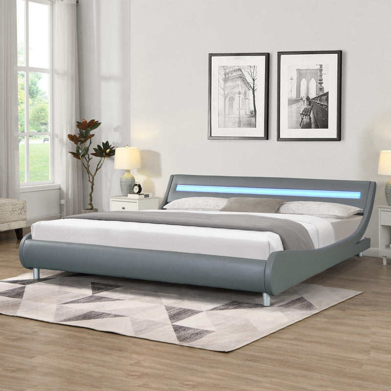 Faux Leather Upholstered Platform Bed Frame With Led Lighting King Size Gray