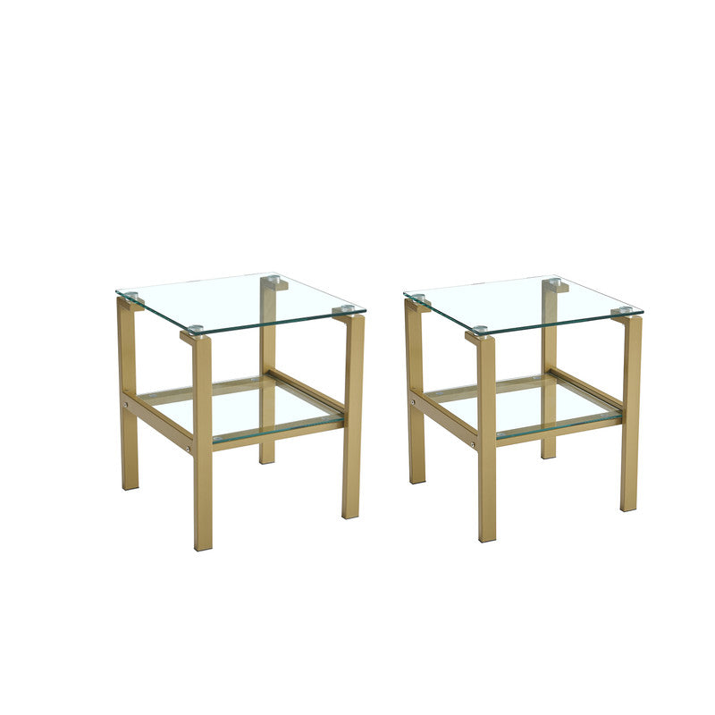 2-Pcs Gold Clear Glass Side End Table with Storage Shelve Night Stand Sofa Table