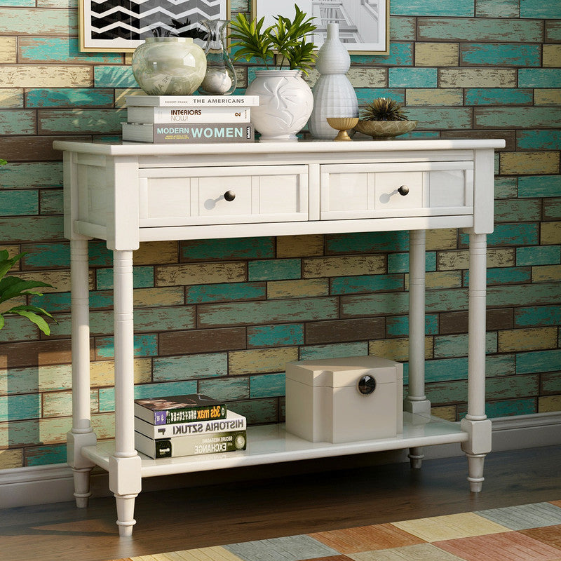 Console Table Traditional Design with Two Drawers and Bottom Shelf Ivory White