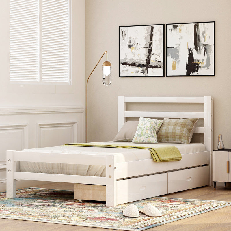 Twin Size Wood Platform Bed with Two Drawers White