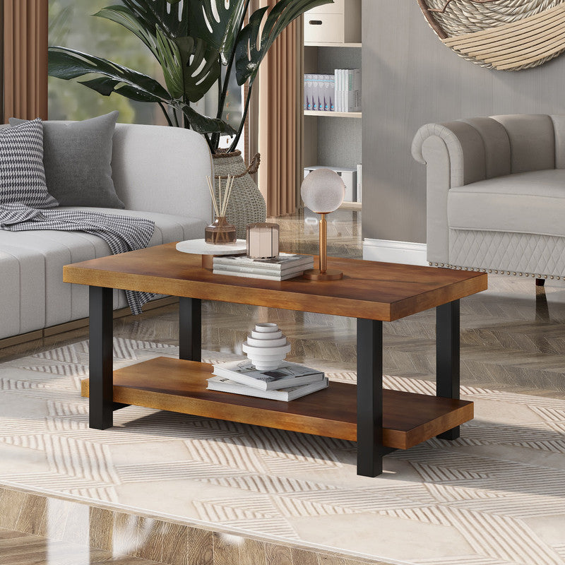 Rustic Natural Coffee Table with Storage Shelf for Living Room