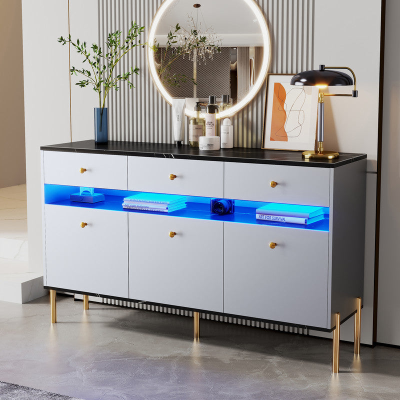 Modern Dresser with LED Lights and Marble Top Panel Storage Cabinet with 3 Drawers and 6 Shleves Gray