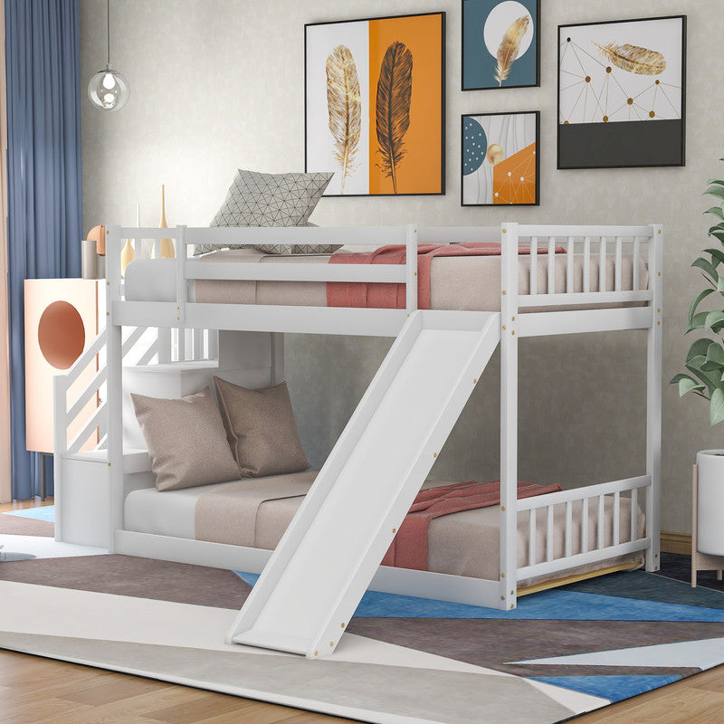 Twin over Twin Bunk Bed with Convertible Slide and Stairway White