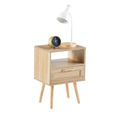 Rattan End Table With Power Outlet Usb Ports Modern Nightstand With Drawer Natural