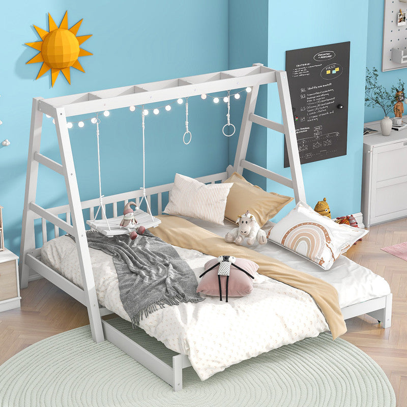 Extendable Twin Daybed with Swing and Ring Handles Pulled out to be King