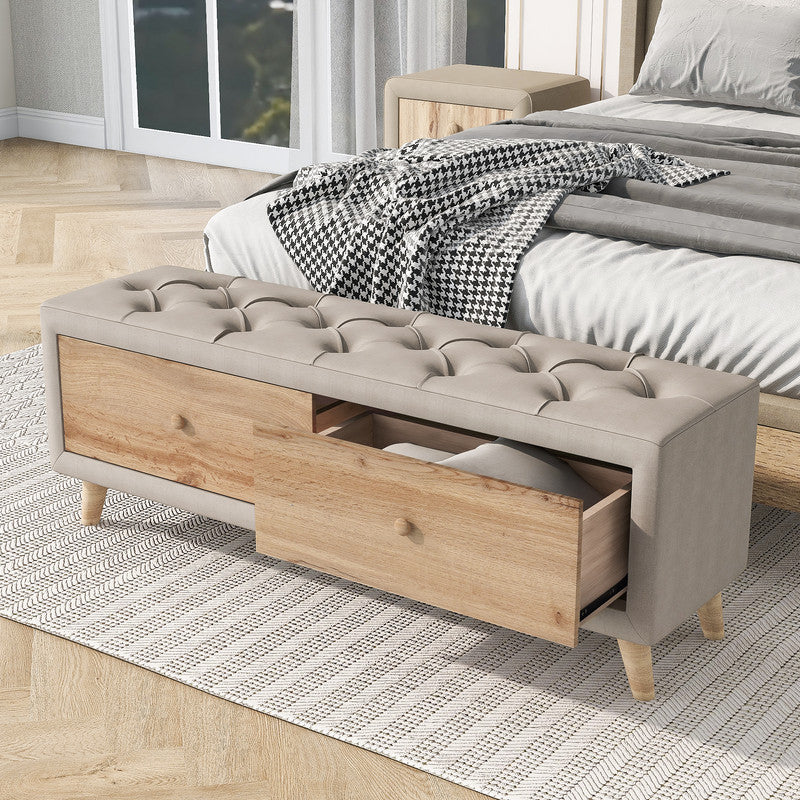 Wooden Upholstered Storage Ottoman Bench with 2 Drawers For Bedroom Beige