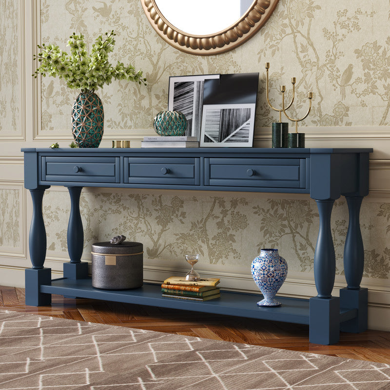 Console Table Long Extra-thick Sofa Table with Drawers and Shelf Blue