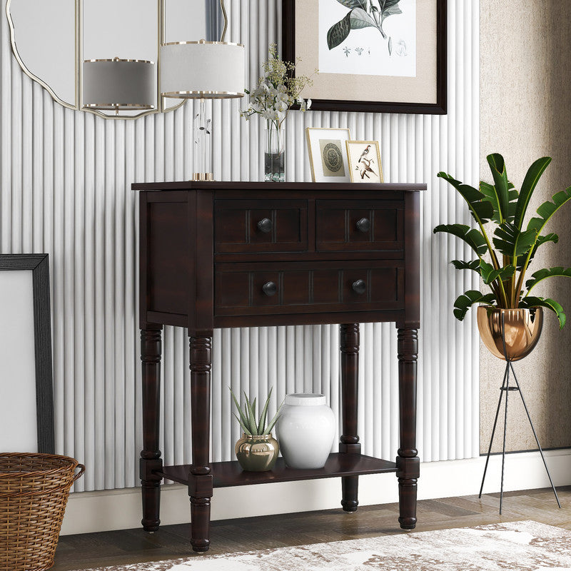 Narrow Console Table Slim Sofa Table with Three Storage Drawers and Bottom Shelf Espresso