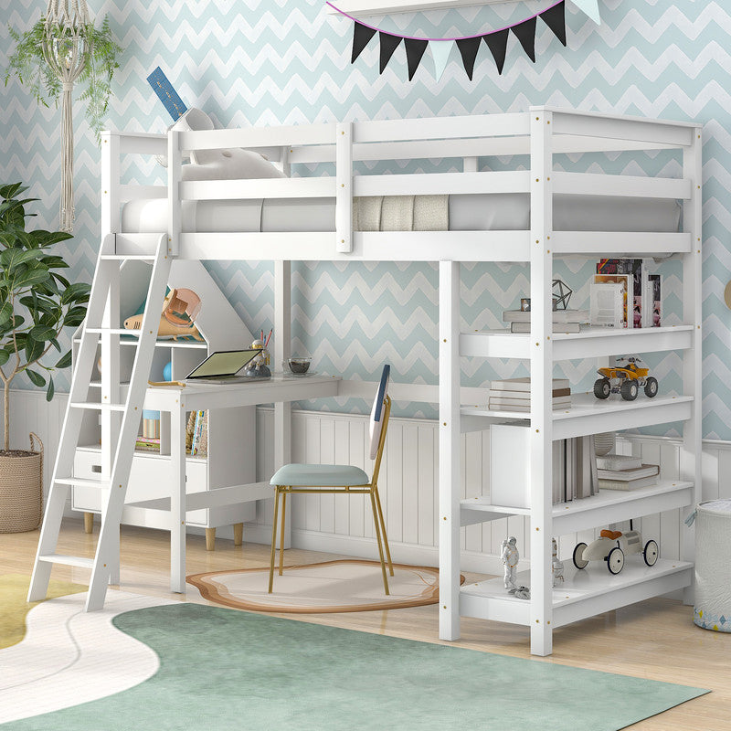 Twin Loft Bed with desk ladder shelves for Kids and Students White