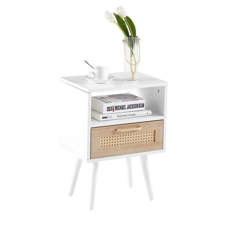 Rattan End Table With Drawer And Solid Wood Legs Modern Nightstand White