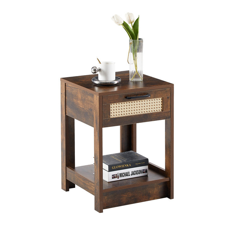 Rattan End Table With Drawer Modern Nightstand Side Table Rustic Brown