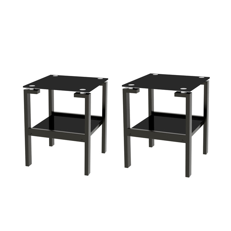 2-Pcs Black Glass Clear Side End Table Modern Night Stand Sofa table