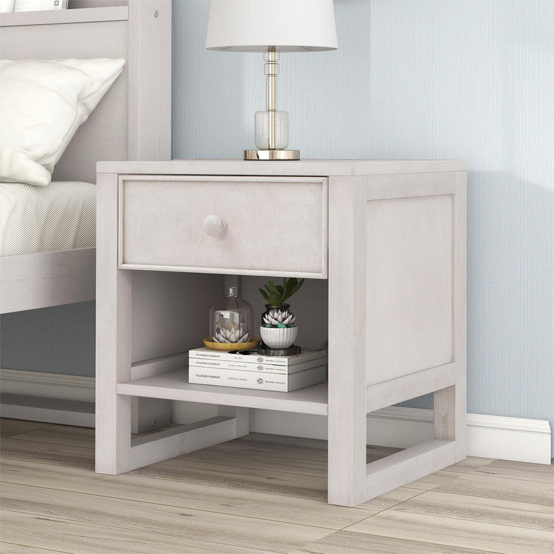 Wooden Nightstand with a Drawer and an Open Storage Anitque White