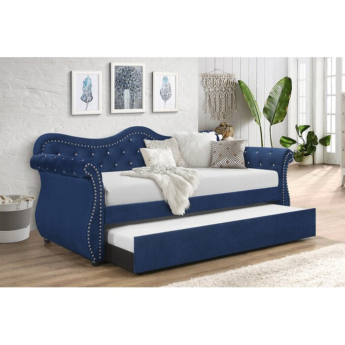 Modern Sofa Bed Upholstered Velvet Wood Daybed with Trundle in Blue