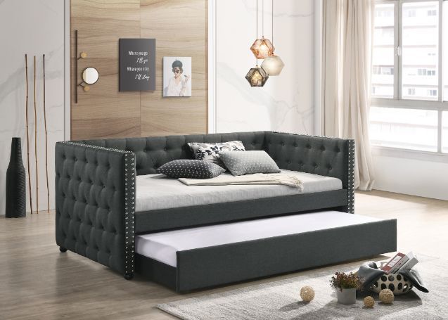 Twin Daybed andTrundle Gray Fabric Bed Sofa for Guest Living Room