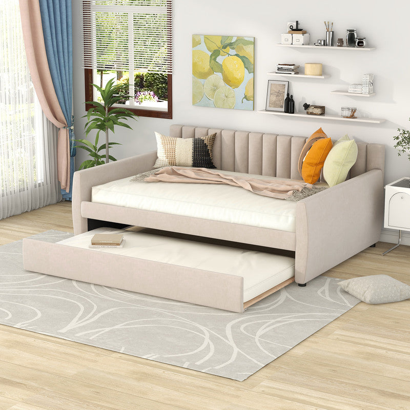 Full Size Upholstered daybed with Trundle and Wood Slat Support Beige