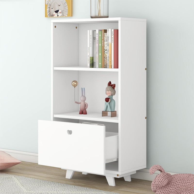 Wooden Storage Bookcase with Drawer and 2 Open Shelves Storage Cabinet Organizer White