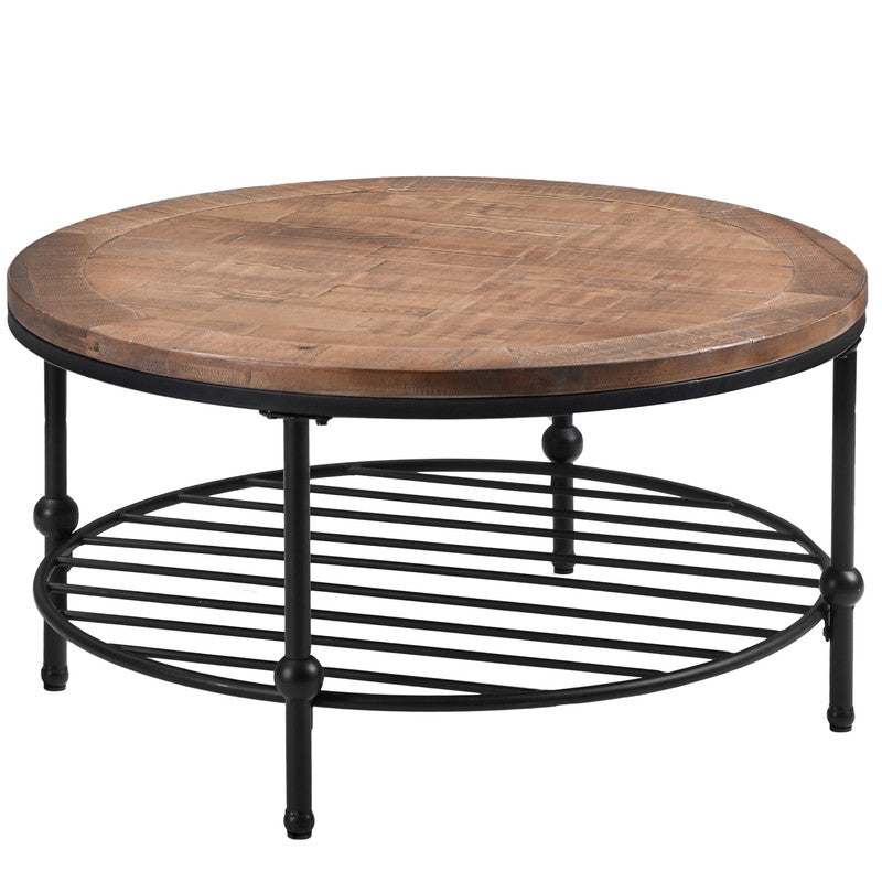 Rustic Natural Round Coffee Table with Storage Shelf for Living Room Round