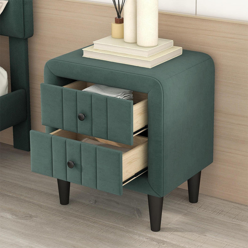 Wooden Nightstand with 2 DrawersVelvet Bedside Table Green