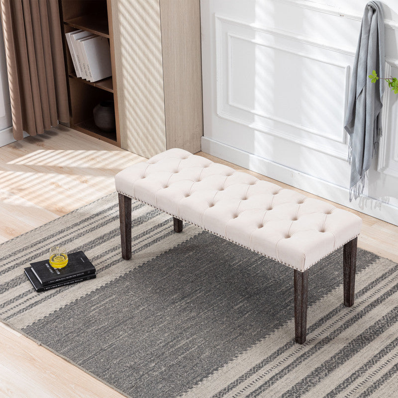 Upholstered Tufted Bench Ottoman Velvet Dining Bench Bedroom Bench Beige