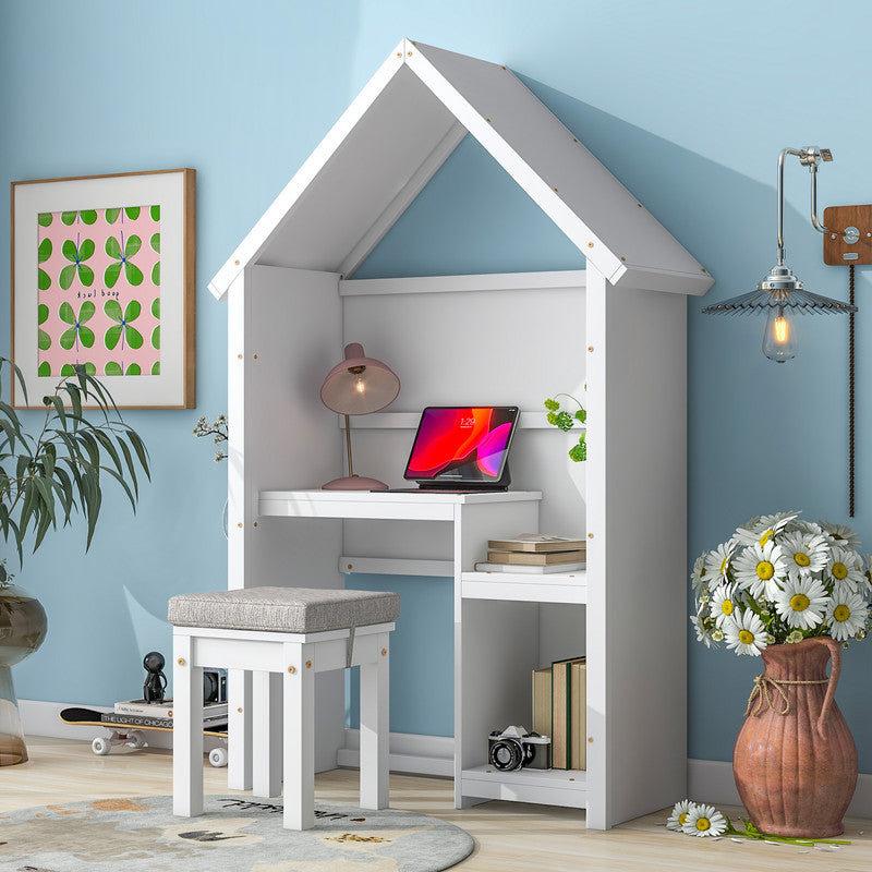 House Shaped Desk With A Cushion Stool White