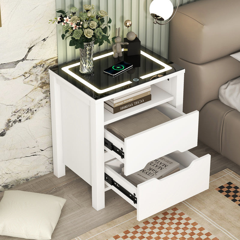 Multifunctional Storage Nightstand with 2 Drawers and an Open Shelf Wireless Charging with Adjustable LED White