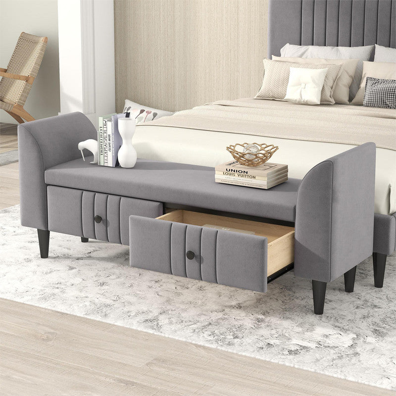 Wooden Storage Ottoman Bench with 2 Drawers For Bedroom Gray