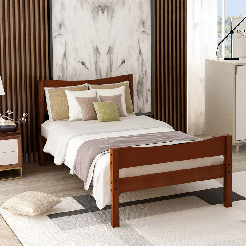 Twin Size Wood Platform Bed with Headboard and Wooden Slat Support Walnut