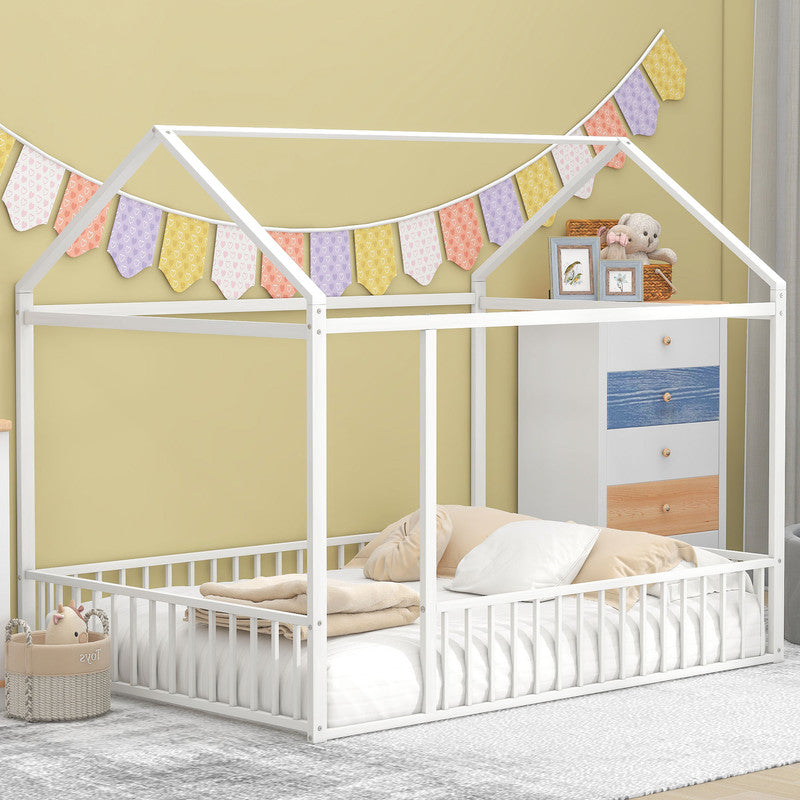 Full Size Metal Bed House Bed Frame with Fence for Kids White