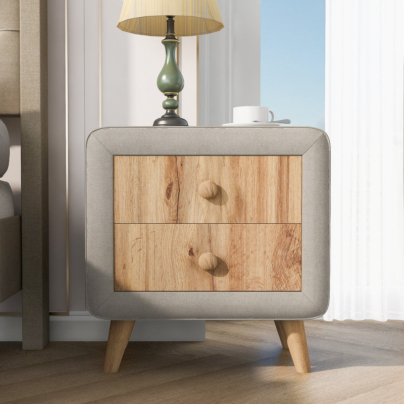 Wooden Upholstered Nightstand with 2 Drawers Fully Assembled Except Legs and Handles Beige