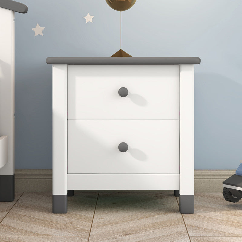 Wooden Nightstand with Two Drawers for Kids End Table for Bedroom White Gray