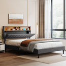 Queen Size Upholstered Platform Bed with Storage Headboard and USB Port Gray