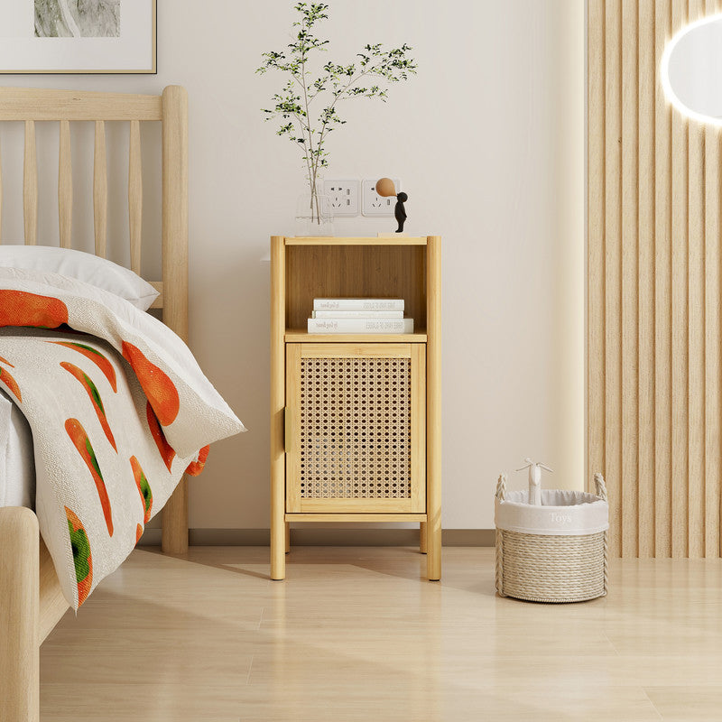 Bamboo and Rattan 1 Door Cabinet Bedside Table Accent End Table