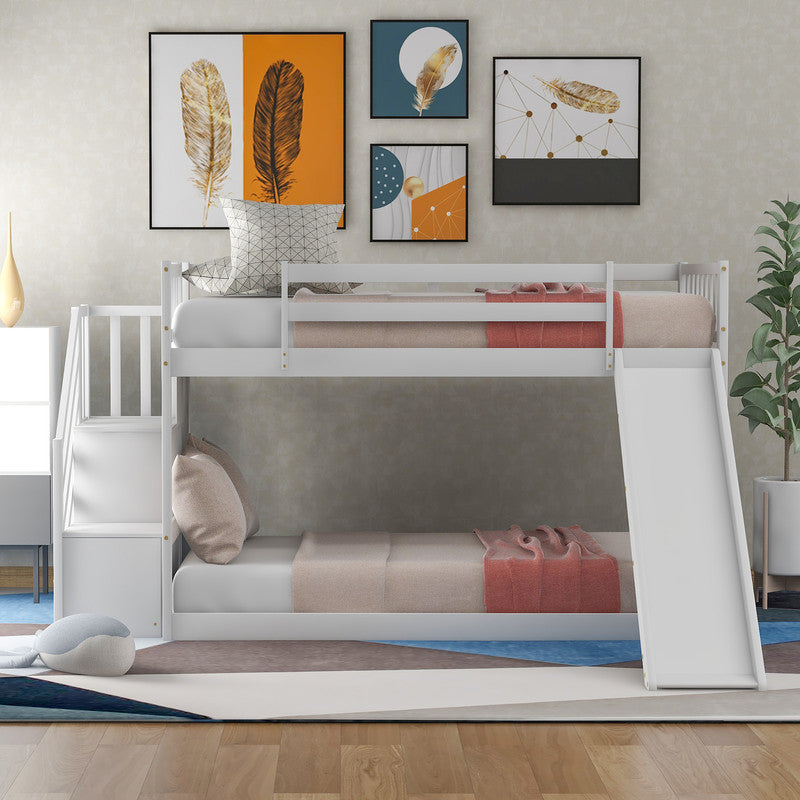 Twin over Twin Bunk Bed with Convertible Slide and Stairway White