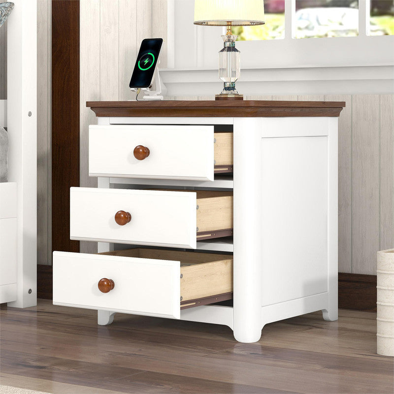 Wooden Nightstand with USB Charging Ports and Three Drawers White Walnut