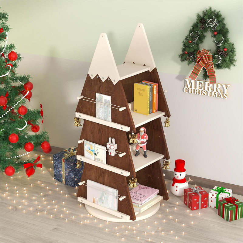 Christmas Rotating Bookshelf Wooden Storage Rack for Kids Room Walnut