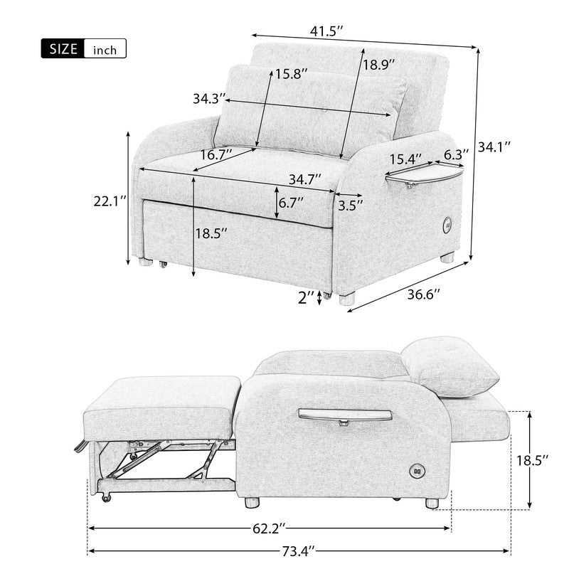 Pull Out Sofa Sleeper 3 In 1 With 2 Wing Table And Usb Charge Black