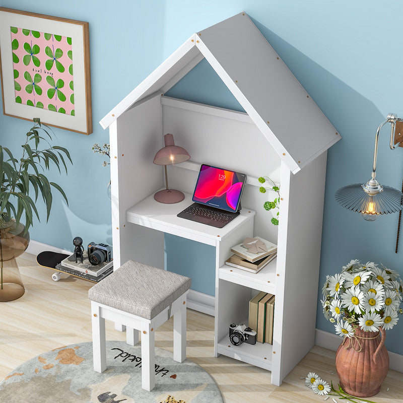 House Shaped Desk With A Cushion Stool White