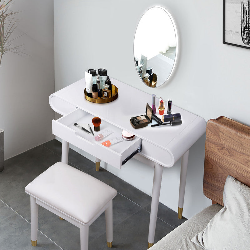 White Oval Makeup Table Set With Mirror And Solid Stool For Bedroom