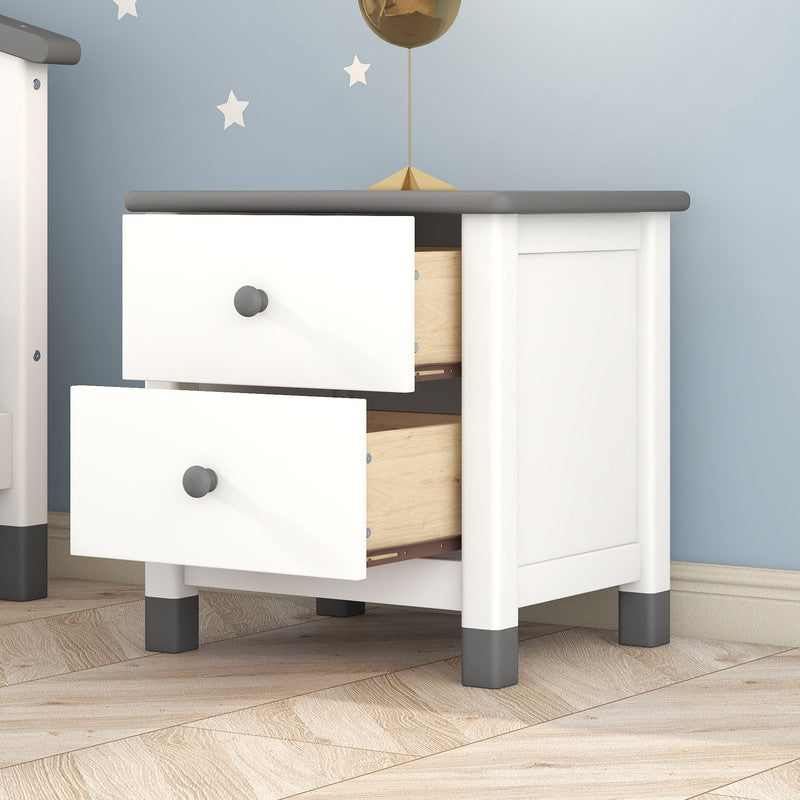 Wooden Nightstand with Two Drawers for Kids End Table for Bedroom White Gray