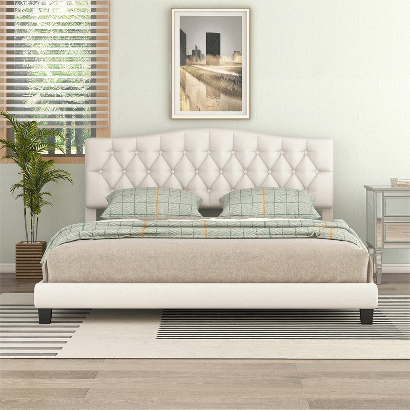 King Upholstered Curved Tufted Linen Platform Bed Frame