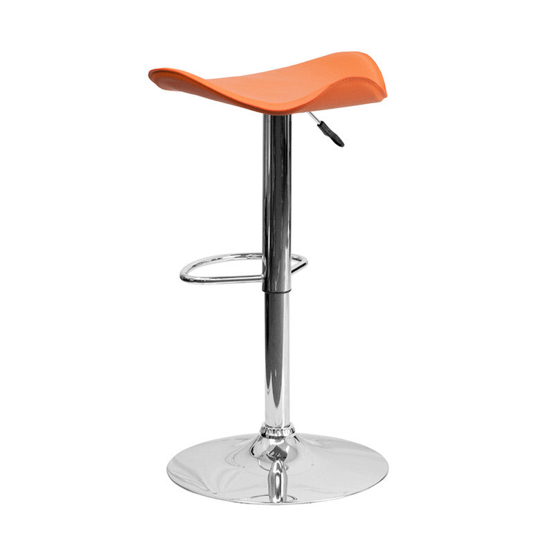 Contemporary Orange Vinyl Adjustable Height Bar Stool With Chrome Base