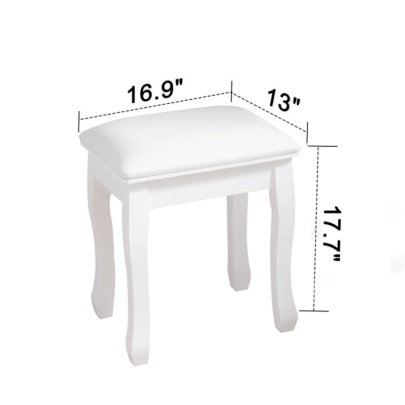 White Vanity Stool Padded Makeup Chair Bench with Solid Wood Legs