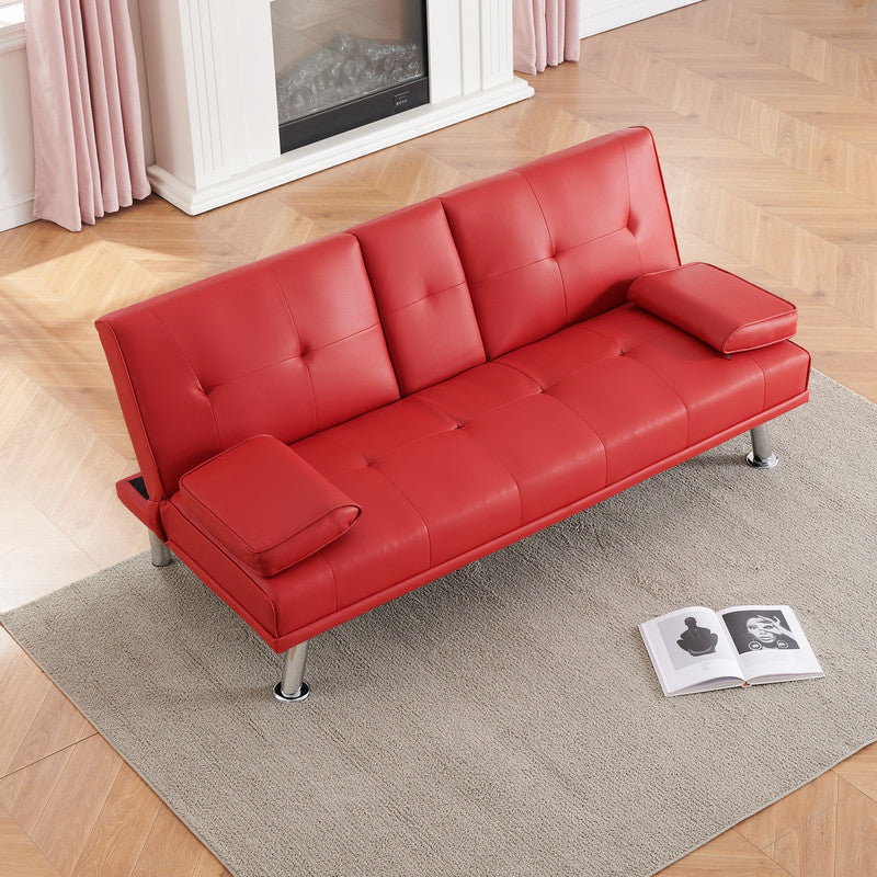 Red Leather Multifunctional Double Folding Sofa Bed for Office 67 inch