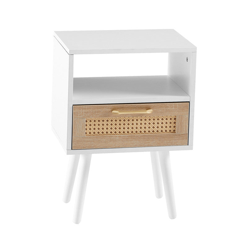 Rattan End Table With Drawer And Solid Wood Legs Modern Nightstand White