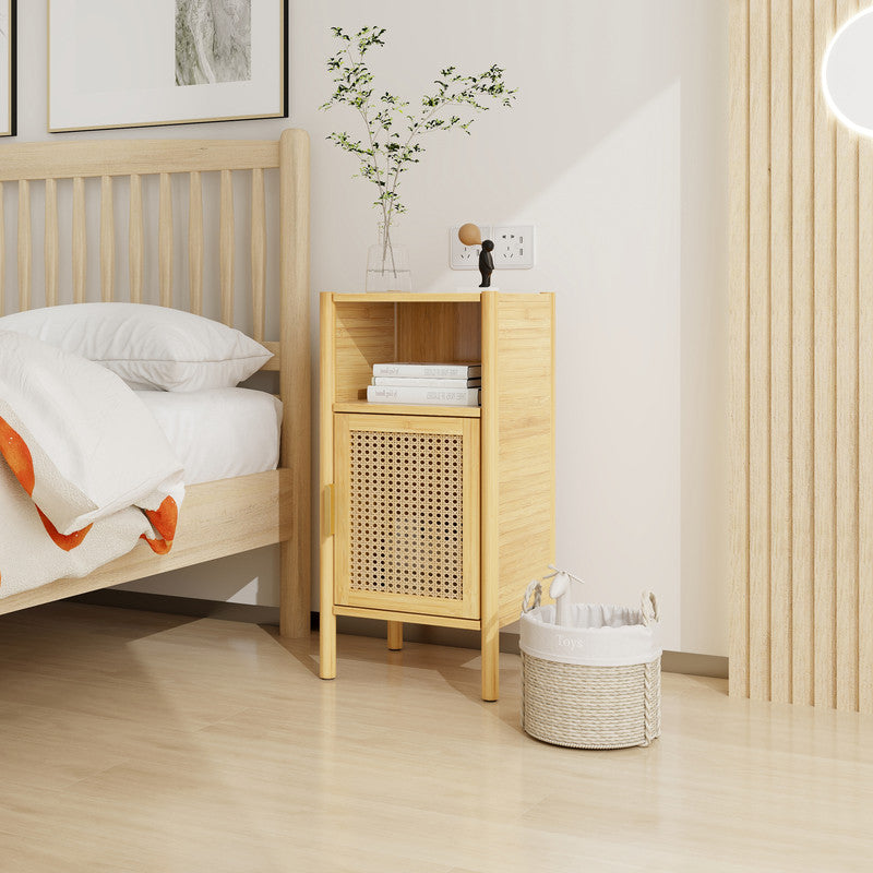 Bamboo and Rattan 1 Door Cabinet Bedside Table Accent End Table