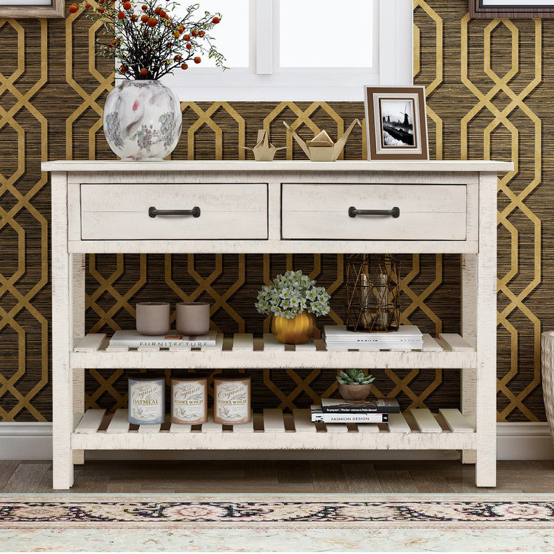 Retro Console Table for Entryway with Drawers and Shelf Antique White