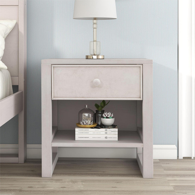 Wooden Nightstand with a Drawer and an Open Storage Anitque White