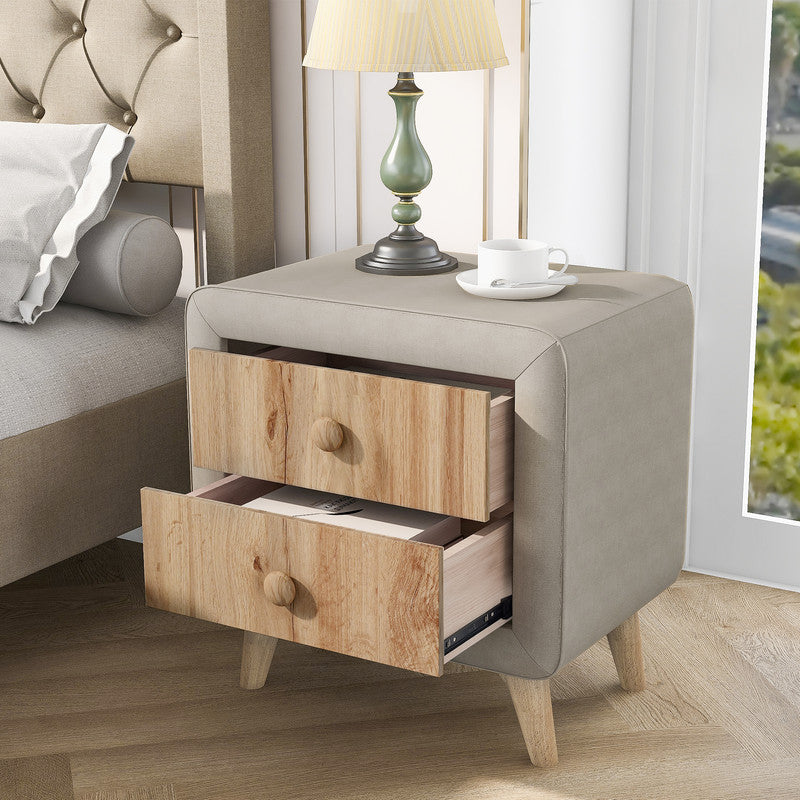 Wooden Upholstered Nightstand with 2 Drawers Fully Assembled Except Legs and Handles Beige